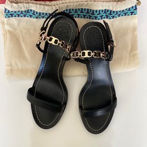 Tory Burch Black Leather High Heel Sandals with gold chain link detail size 9